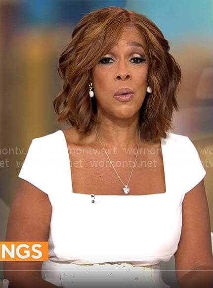 Gayle King’s white square neck dress on CBS Mornings