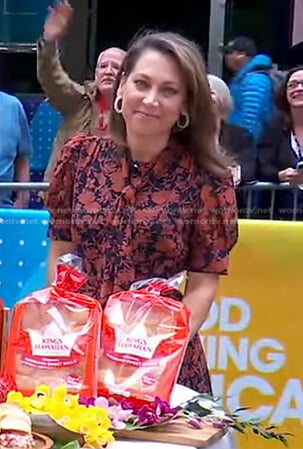 Ginger’s navy and orange floral tie neck dress on Good Morning America