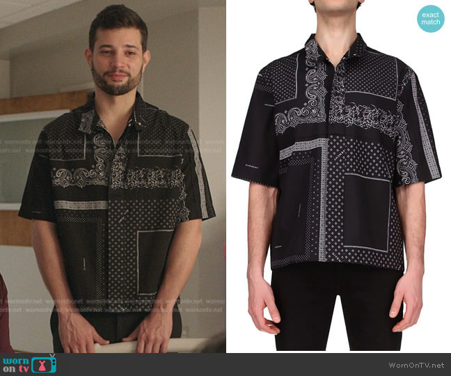 Givenchy Scarf-Print Zip-Up Shirt worn by Sam Flores (Rafael de la Fuente) on Dynasty