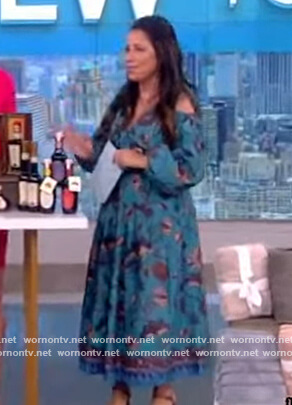 Gretta Monahan’s blue printed cold shoulder dress on The View