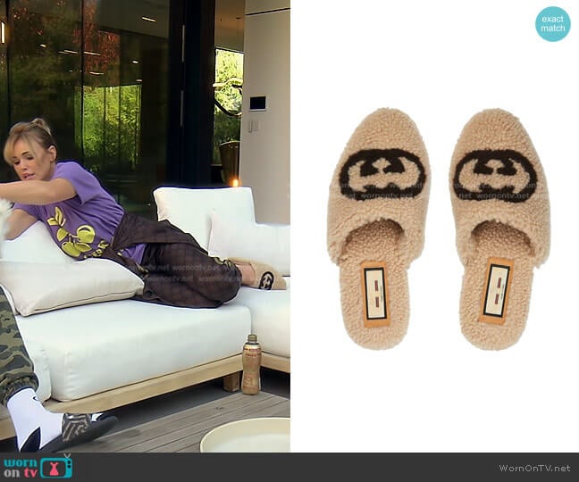 Gucci Interlocking G Shearling Flat Slippers worn by Diana Jenkins on The Real Housewives of Beverly Hills
