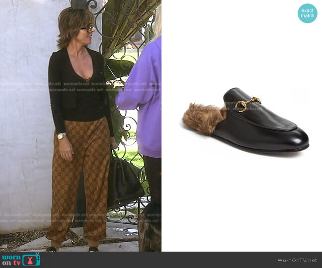 Gucci Princetown Genuine Shearling Loafer Mule worn by Lisa Rinna on The Real Housewives of Beverly Hills
