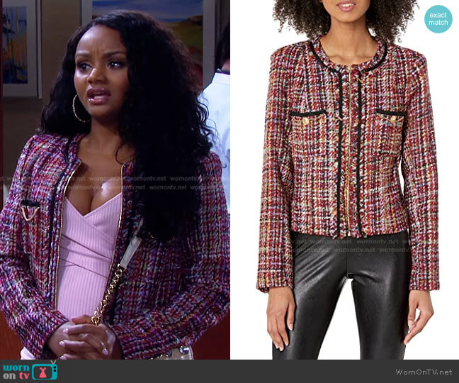 Guess Mikaela Tweed Jacket worn by Chanel Dupree (Raven Bowens) on Days of our Lives