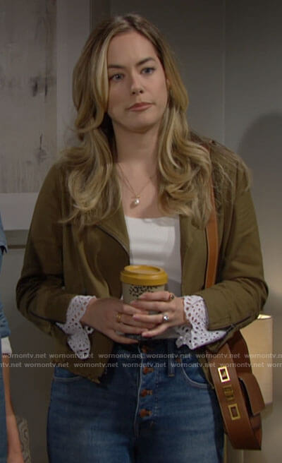 Hope’s green jacket with white eyelet cuffs on The Bold and the Beautiful