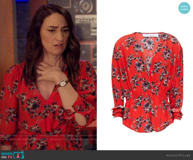IRO Posti Floral Blouse worn by Dawn Solano (Sara Bareilles) on Girls5eva