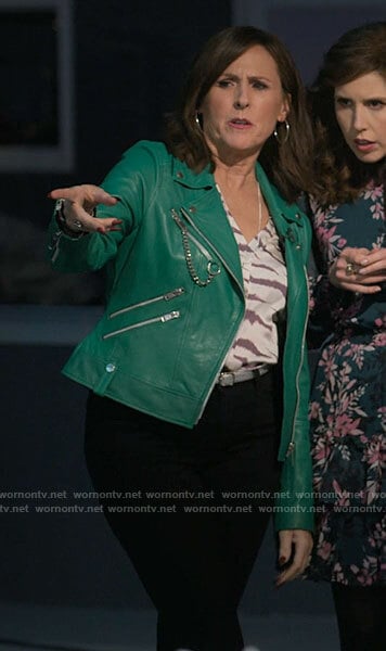 Jackie’s green leather moto jacket on I Love That For You
