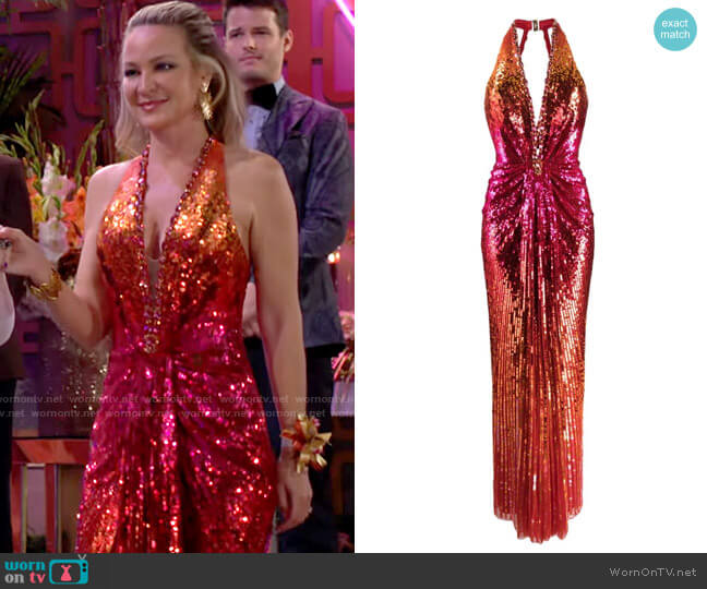 Jenny Packham The World Is Not Enough sequinned halter-neck dress worn by Sharon Newman (Sharon Case) on The Young and the Restless