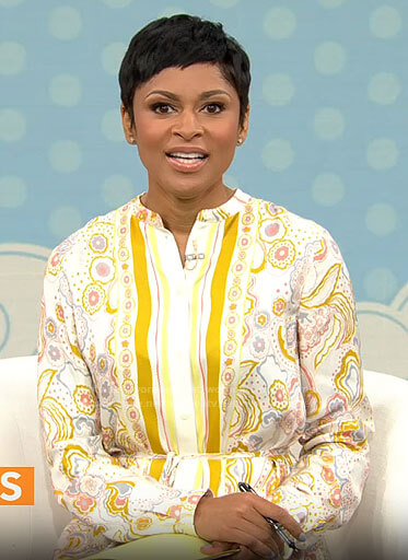 Jericka Duncan’s yellow scarf print dress on CBS Mornings
