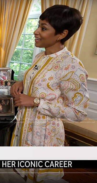 Jericka Duncan’s yellow scarf print dress on CBS Mornings