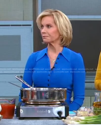 Joan Robach’s blue polo top on Good Morning America