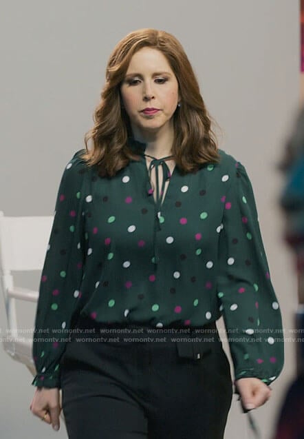 Joanna’s green polka dot blouse on I Love That For You