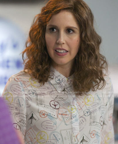 Joanna’s passport stamp print shirt on I Love That For You