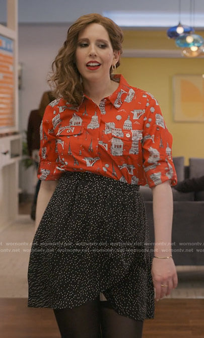 Joanna’s red Paris print top and polka dot skirt on I Love That For You
