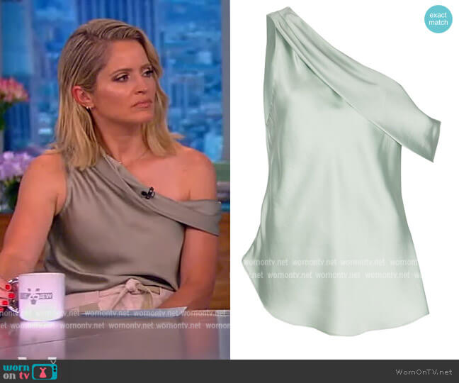 Jonathan Simkhai Lexy draped one-shoulder blouse worn by Sara Haines on The View