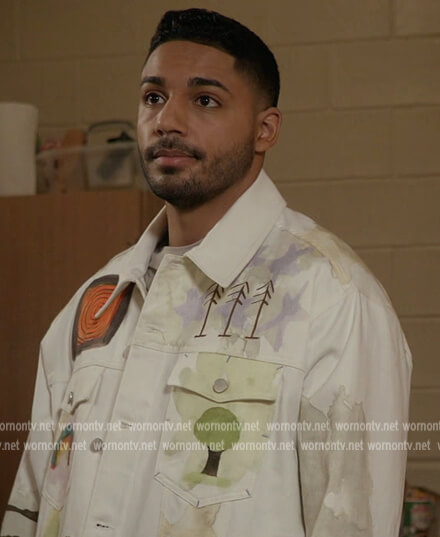 Jordan’s white printed denim jacket on All American Homecoming
