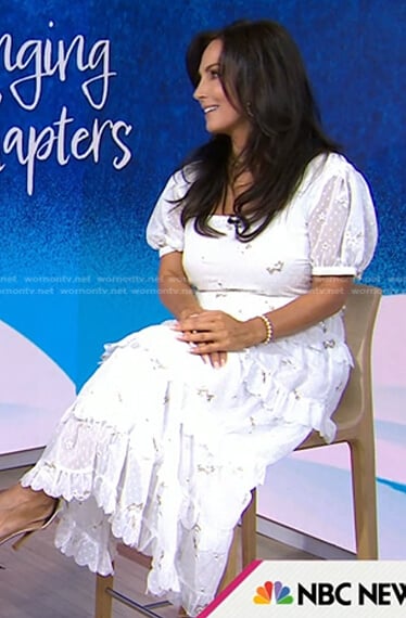 Karen Swensen’s white floral tiered midi dress on Today
