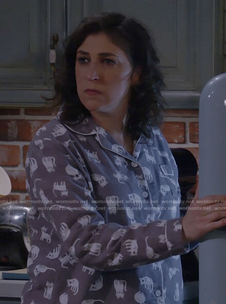 Kat’s grey cat print pjs on Call Me Kat