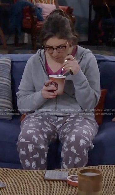 Kat’s grey cat print pjs on Call Me Kat