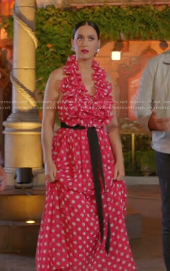 Katy’s pink polka dot ruffled maxi dress on American Idol