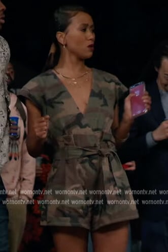 Keisha’s camo print romper on All American Homecoming