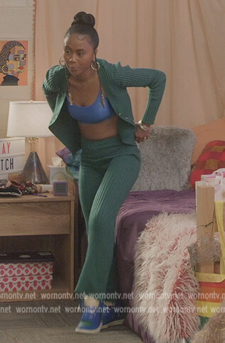 Keisha’s green ribbed cardigan and pants on All American Homecoming