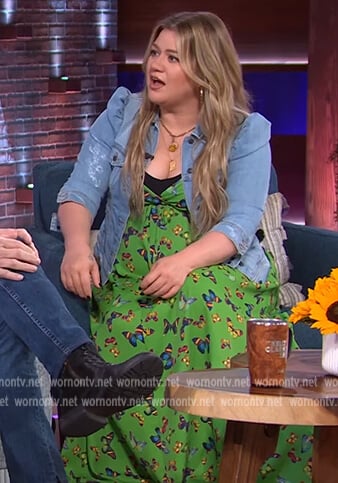 Kelly’s green butterfly print dress and denim jacket on The Kelly Clarkson Show