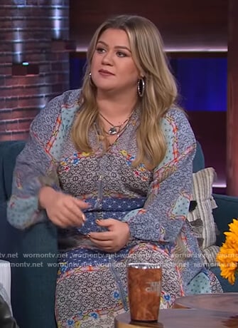 Kelly’s blue patchwork print maxi dress on The Kelly Clarkson Show
