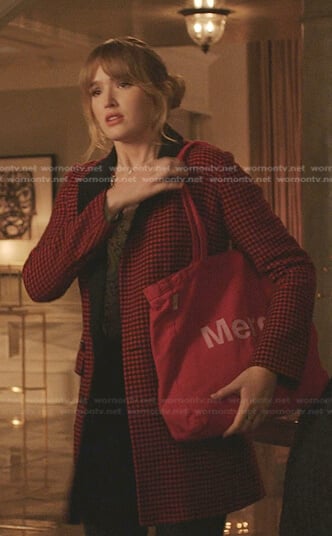 Kirby’s floral blouse and red check coat on Dynasty