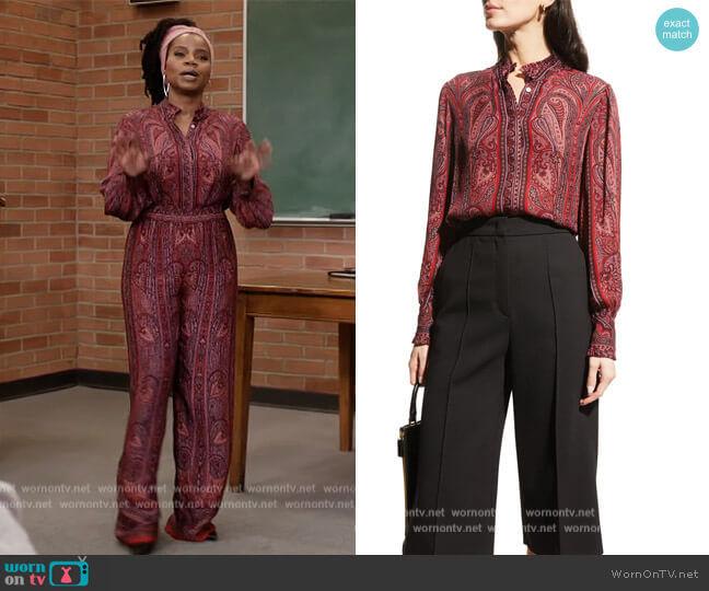 Kobi Halperin Heni Paisley Silk Blouse worn by Amara Patterson (Kelly Jenrette) on All American Homecoming
