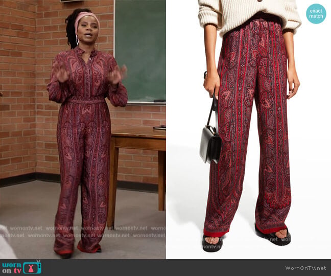 Kobi Halperin Wilco Printed Pants worn by Amara Patterson (Kelly Jenrette) on All American Homecoming