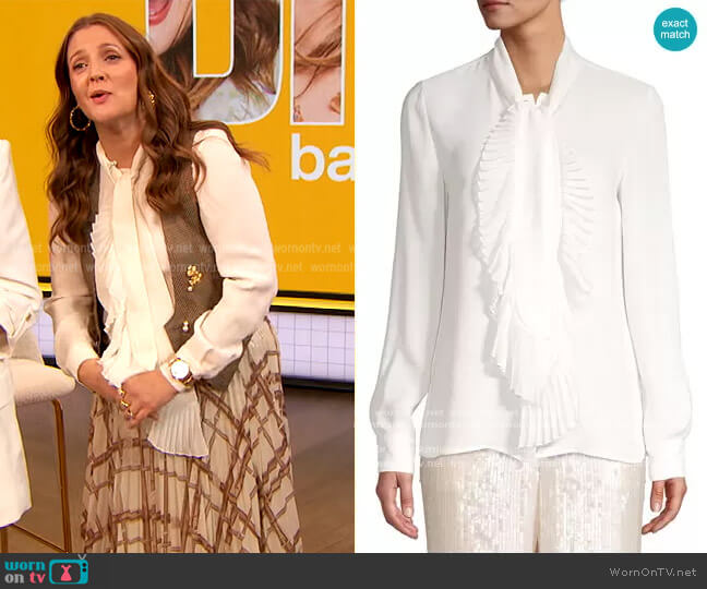 Lafayette 148 Bates Pleated Neckline Silk Blouse worn by Drew Barrymore on The Drew Barrymore Show