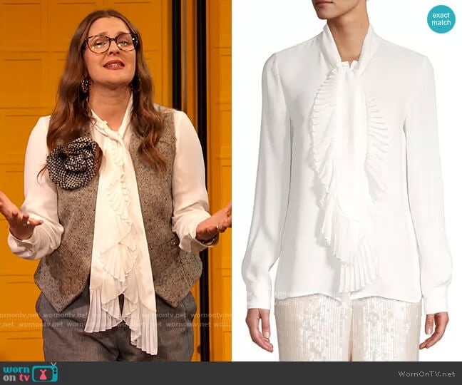 Lafayette 148 New York Bates Pleated Neckline Silk Blouse worn by Drew Barrymore on The Drew Barrymore Show