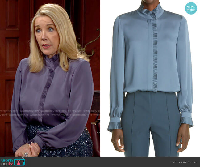 Lafayette 148 NY Gemma Blouse in Smoked Slate worn by Nikki Reed Newman (Melody Thomas-Scott) on The Young and the Restless