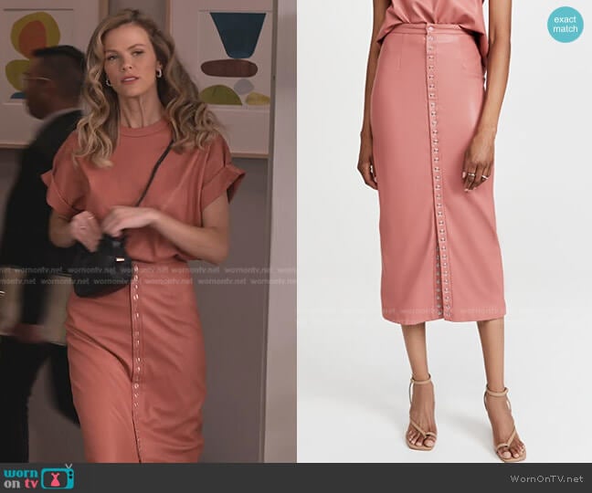 Lapointe Faux Leather Snap Front Midi Skirt worn by Mallory (Brooklyn Decker) on Grace and Frankie