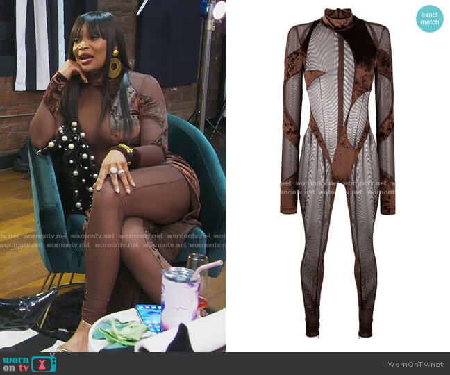 LaQuan Smith Abstract semi-sheer full-length catsuit worn by Marlo Hampton on The Real Housewives of Atlanta