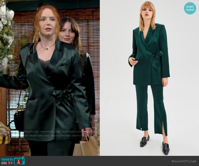 Lattelier Tie-Waist Blazer & Front Slit Trousers Set in Dark Green worn by Mariah Copeland (Camryn Grimes) on The Young and the Restless