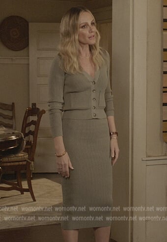 Laura’s olive ribbed cardigan and skirt on All American