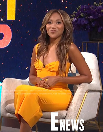 Lauren-Ashley Beck’s orange midi dress on E! News Post Pop