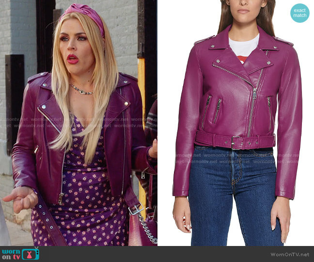 Levis Faux Leather Moto Jacket in Plumberry worn by Summer Dutkowsky (Busy Philipps) on Girls5eva