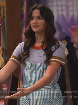Lex’s blue stripe overalls on Side Hustle