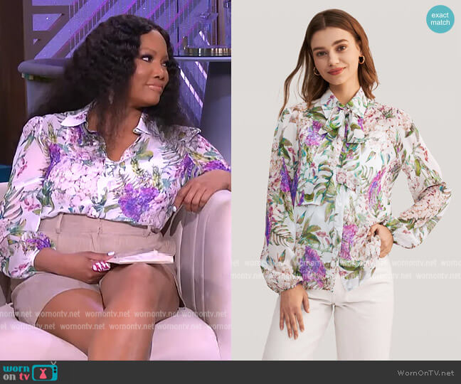 Lily Silk Mim Floral 2 in 1 Silk Blouse worn by Garcelle Beauvais on The Real