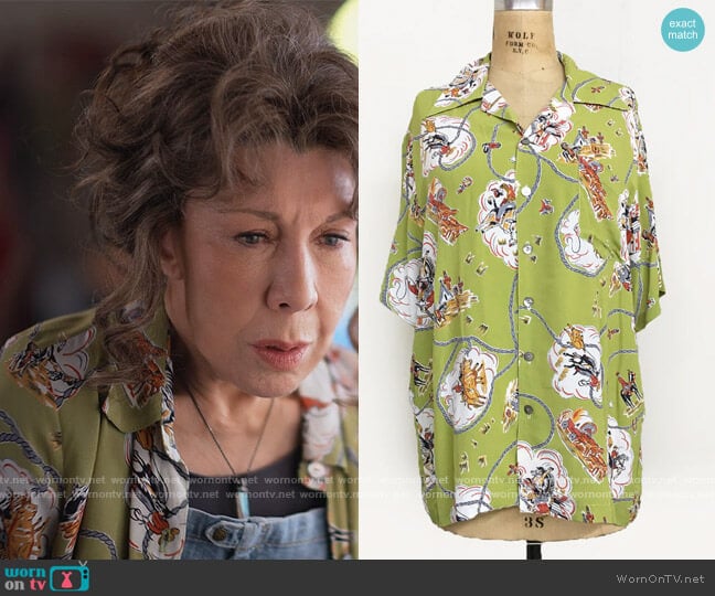 Loco Lindo Chartreuse Sonny Shirt worn by Frankie (Lily Tomlin) on Grace and Frankie