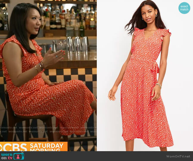 Loft Floral Ruffle Sleeve Wrap Midi Dress worn by Nancy Chen on CBS Mornings