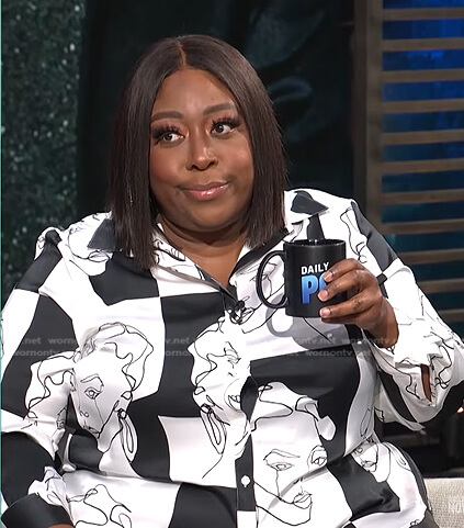 Loni’s black and white face print shirt on E! News Daily Pop