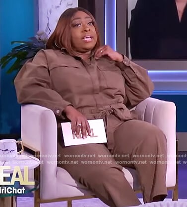 Loni’s khaki utility jumpsuit on The Real