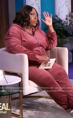 Loni’s burgundy velvet jumpsuit on The Real