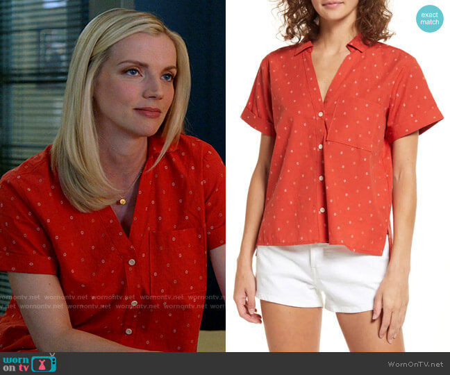 Floral Jacquard V-Neck Pocket Shirt in Fresh Chili worn by Sylvie Brett (Kara Killmer) on Chicago Fire