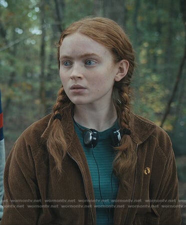 Max’s green striped top and brown corduroy jacket on Stranger Things