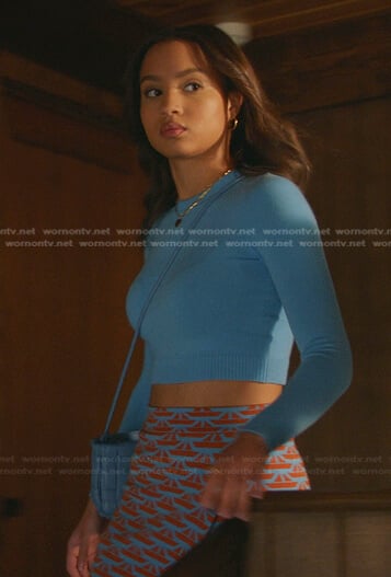May’s blue cropped sweater and boat print mini skirt on 9-1-1