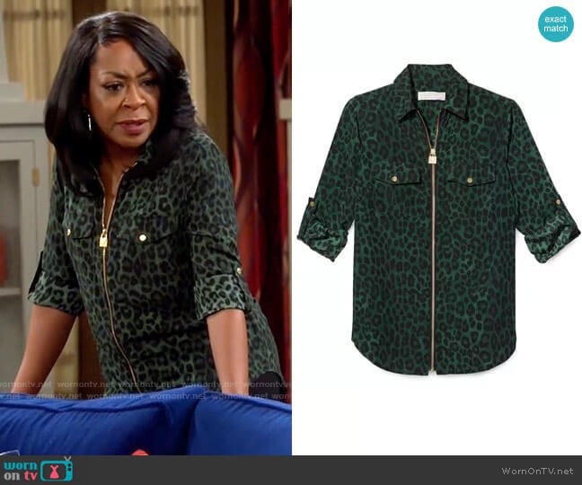 MICHAEL Michael Kors Mega Cheetah-Print Zip Shirt worn by Tina Butler (Tichina Arnold) on The Neighborhood